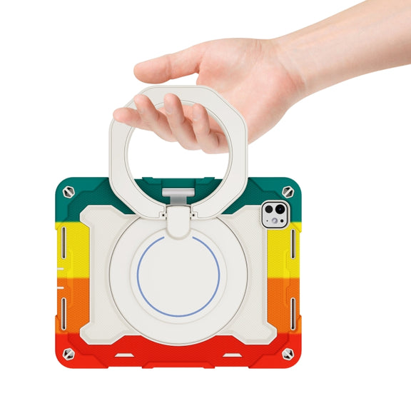 For iPad Pro 11 2024 Armor Portable Rotating Ring Holder Silicone Tablet Case with Pen Slot(Colorful Red)