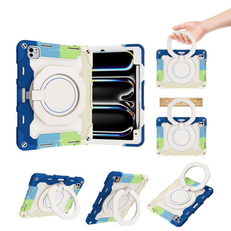 For iPad Pro 11 2024 Armor Portable Rotating Ring Holder Silicone Tablet Case with Pen Slot(Colorful Blue)
