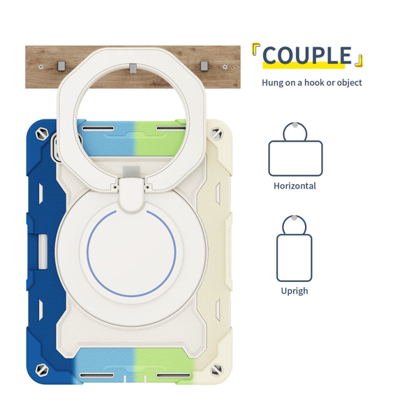 For iPad Pro 11 2024 Armor Portable Rotating Ring Holder Silicone Tablet Case with Pen Slot(Colorful Blue)
