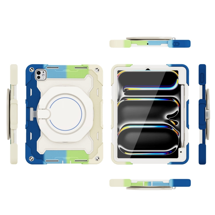 For iPad Pro 11 2024 Armor Portable Rotating Ring Holder Silicone Tablet Case with Pen Slot(Colorful Blue)