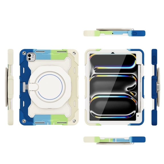For iPad Pro 11 2024 Armor Portable Rotating Ring Holder Silicone Tablet Case with Pen Slot(Colorful Blue)