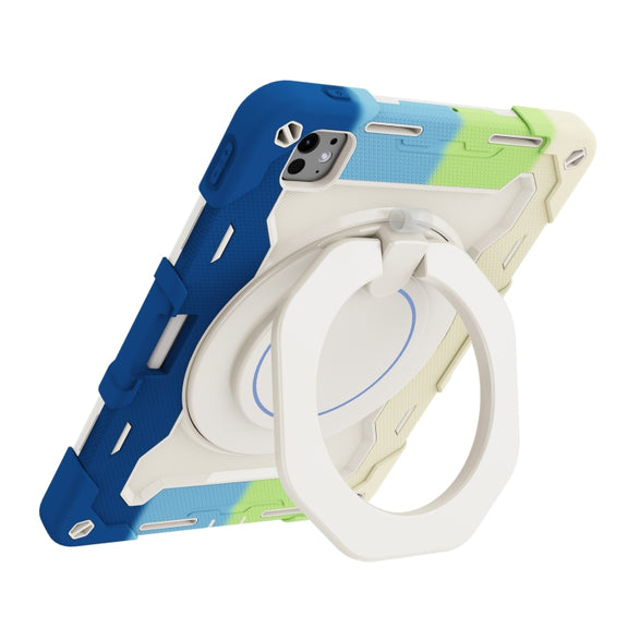 For iPad Pro 11 2024 Armor Portable Rotating Ring Holder Silicone Tablet Case with Pen Slot(Colorful Blue)