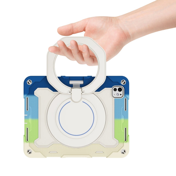 For iPad Pro 11 2024 Armor Portable Rotating Ring Holder Silicone Tablet Case with Pen Slot(Colorful Blue)