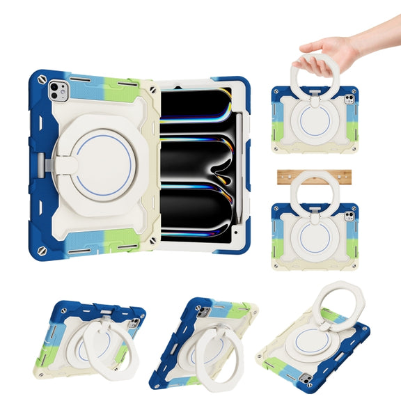 For iPad Pro 11 2024 Armor Portable Rotating Ring Holder Silicone Tablet Case with Pen Slot(Colorful Blue)
