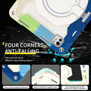For iPad Pro 11 2024 Armor Portable Rotating Ring Holder Silicone Tablet Case with Pen Slot(Colorful Blue)