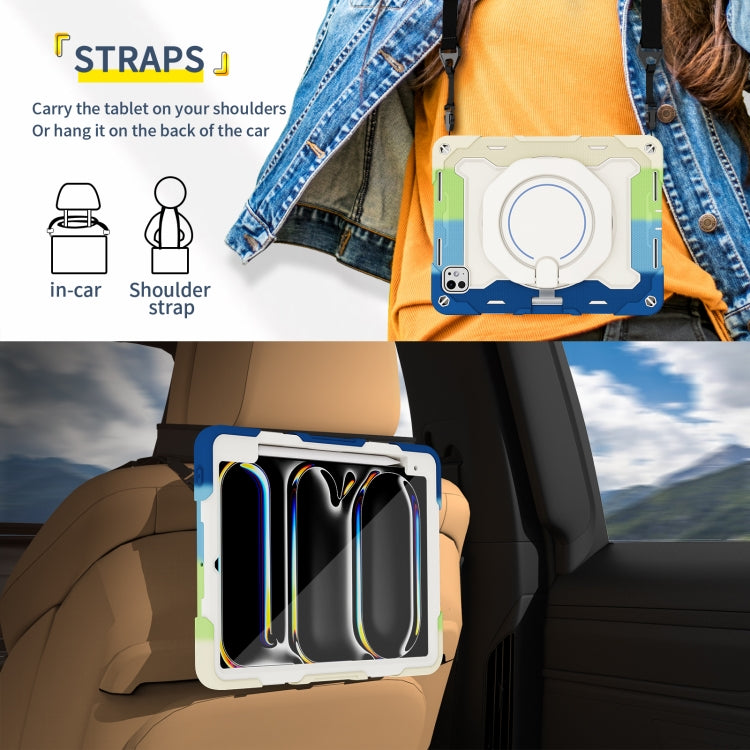 For iPad Pro 11 2024 Armor Portable Rotating Ring Holder Silicone Tablet Case with Pen Slot(Colorful Blue)