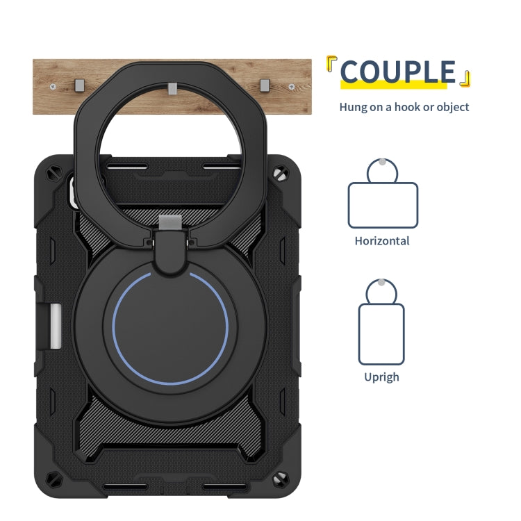 For iPad Pro 11 2024 Armor Portable Rotating Ring Holder Silicone Tablet Case with Pen Slot(Black)