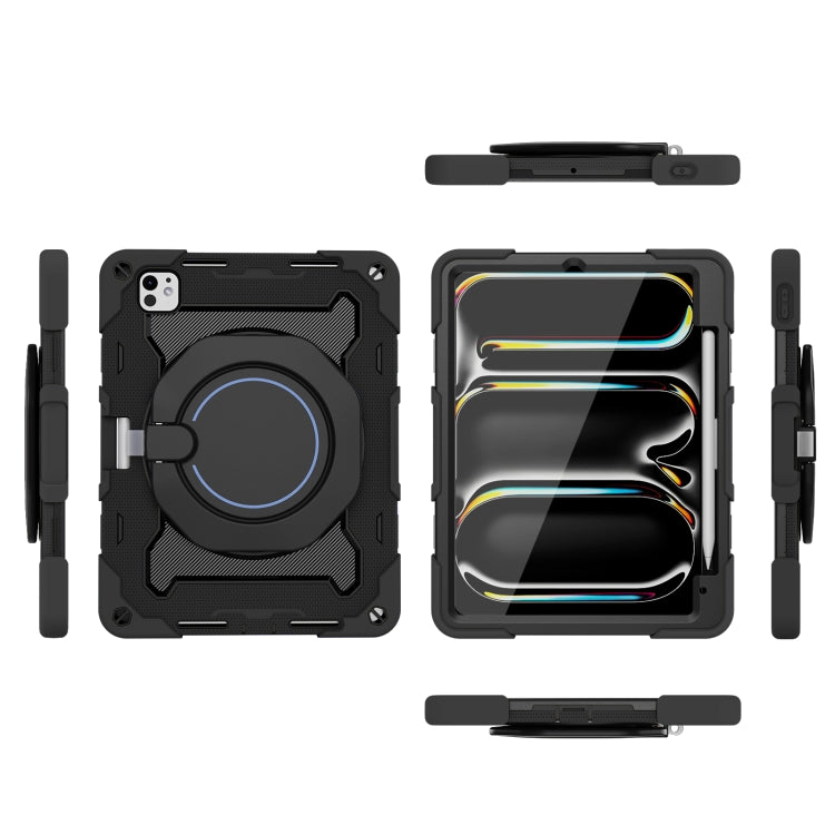 For iPad Pro 11 2024 Armor Portable Rotating Ring Holder Silicone Tablet Case with Pen Slot(Black)