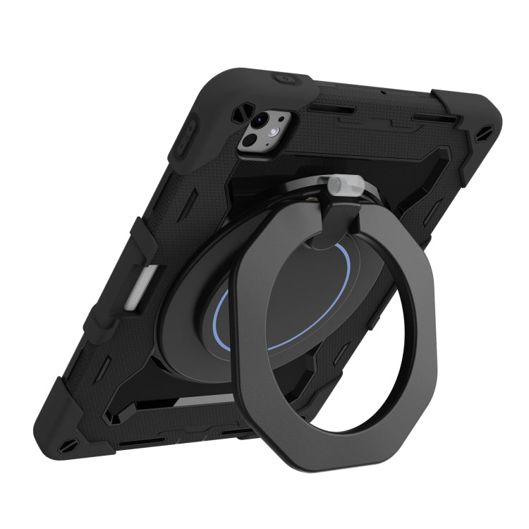 For iPad Pro 11 2024 Armor Portable Rotating Ring Holder Silicone Tablet Case with Pen Slot(Black)