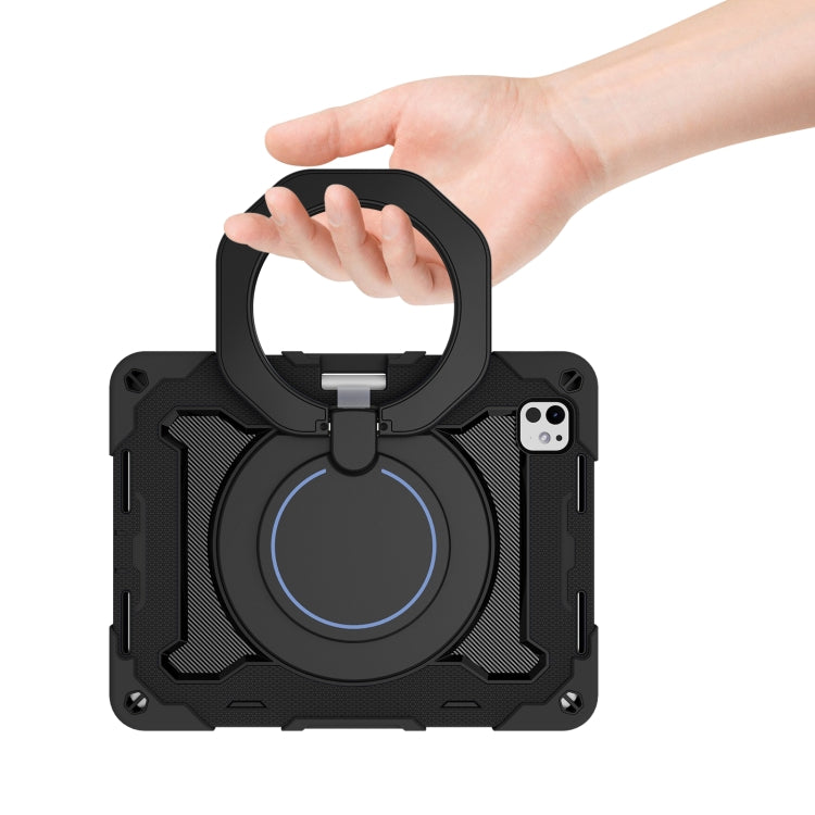 For iPad Pro 11 2024 Armor Portable Rotating Ring Holder Silicone Tablet Case with Pen Slot(Black)