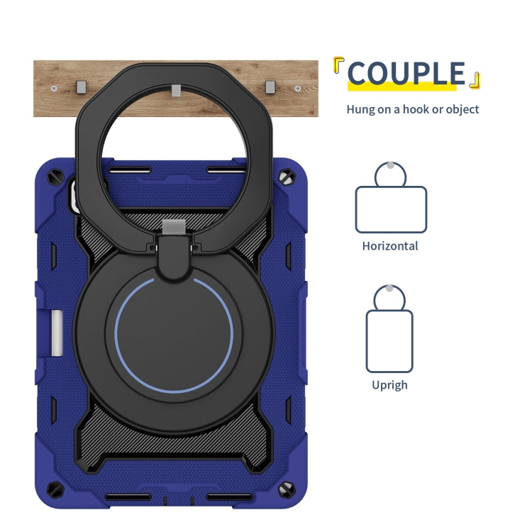 For iPad Pro 11 2024 Armor Portable Rotating Ring Holder Silicone Tablet Case with Pen Slot(Navy Blue)