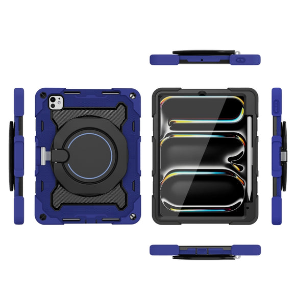For iPad Pro 11 2024 Armor Portable Rotating Ring Holder Silicone Tablet Case with Pen Slot(Navy Blue)