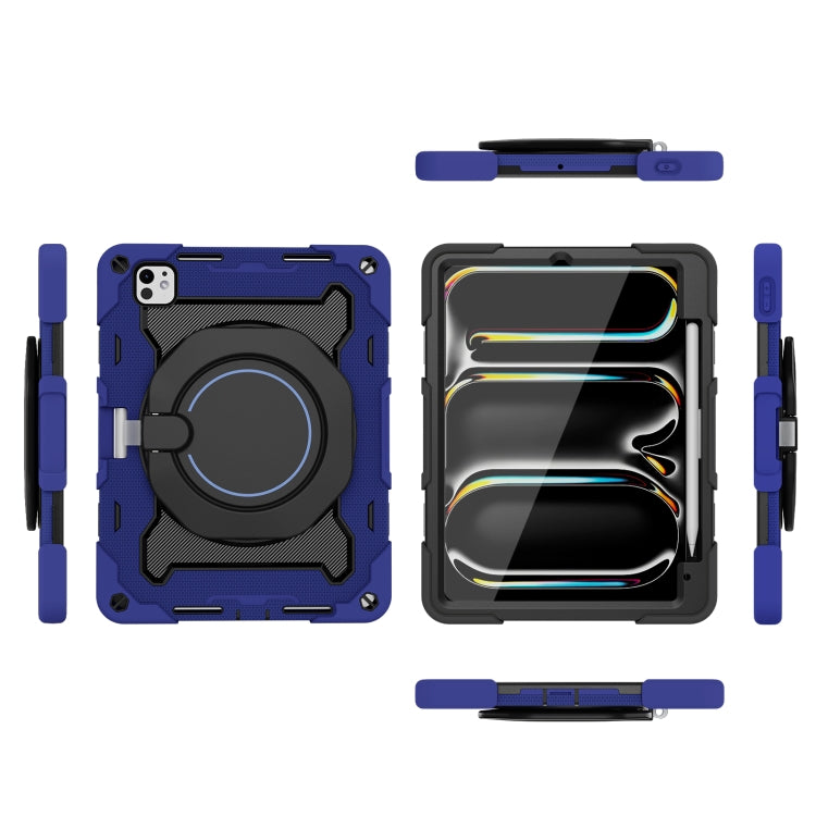 For iPad Pro 11 2024 Armor Portable Rotating Ring Holder Silicone Tablet Case with Pen Slot(Navy Blue)