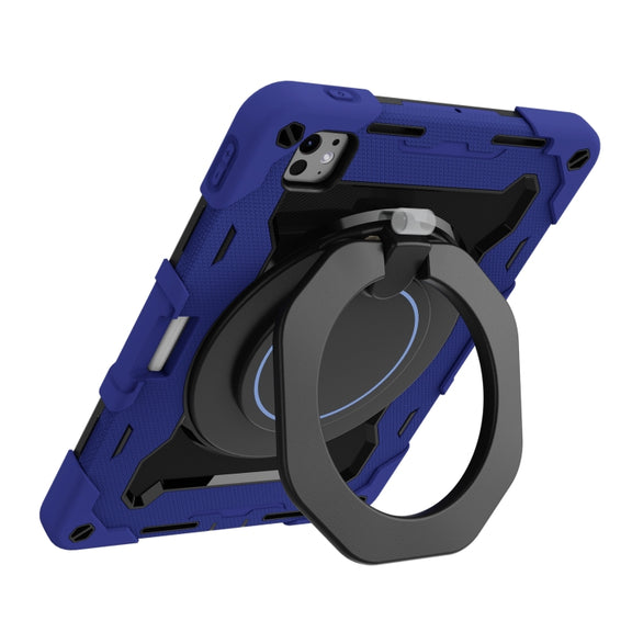 For iPad Pro 11 2024 Armor Portable Rotating Ring Holder Silicone Tablet Case with Pen Slot(Navy Blue)