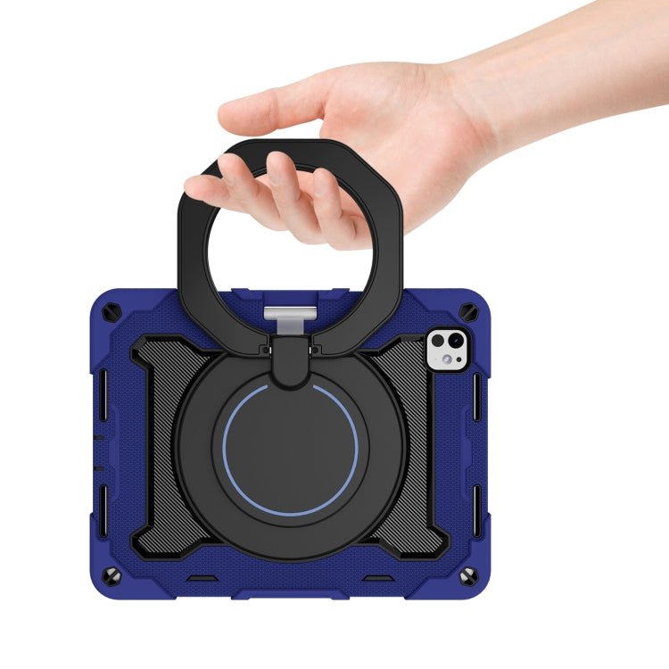 For iPad Pro 11 2024 Armor Portable Rotating Ring Holder Silicone Tablet Case with Pen Slot(Navy Blue)