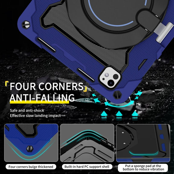 For iPad Pro 11 2024 Armor Portable Rotating Ring Holder Silicone Tablet Case with Pen Slot(Navy Blue)