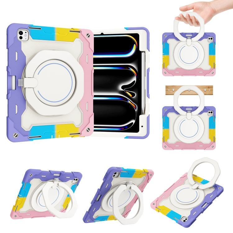For iPad Pro 13 2024 Armor Portable Rotating Ring Holder Silicone Tablet Case with Pen Slot(Colorful Pink)