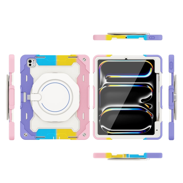 For iPad Pro 13 2024 Armor Portable Rotating Ring Holder Silicone Tablet Case with Pen Slot(Colorful Pink)