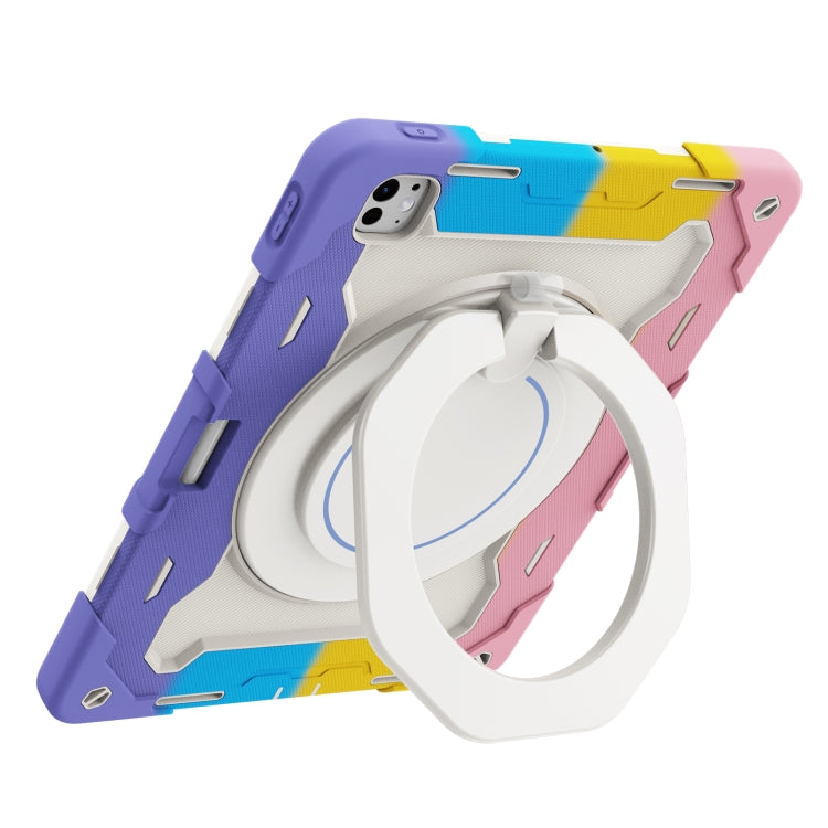 For iPad Pro 13 2024 Armor Portable Rotating Ring Holder Silicone Tablet Case with Pen Slot(Colorful Pink)