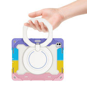 For iPad Pro 13 2024 Armor Portable Rotating Ring Holder Silicone Tablet Case with Pen Slot(Colorful Pink)