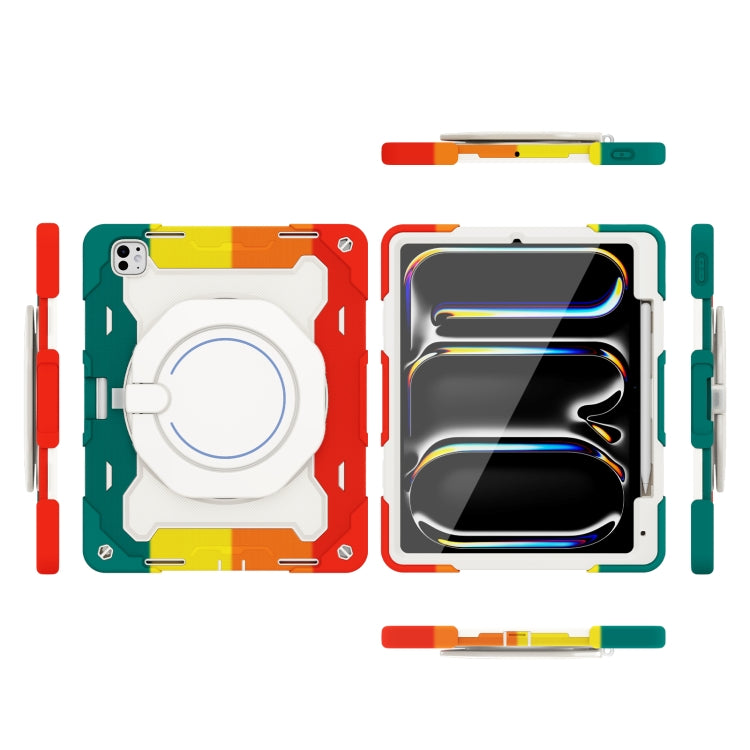 For iPad Pro 13 2024 Armor Portable Rotating Ring Holder Silicone Tablet Case with Pen Slot(Colorful Red)