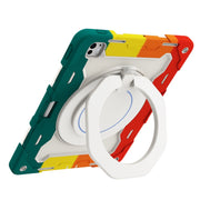 For iPad Pro 13 2024 Armor Portable Rotating Ring Holder Silicone Tablet Case with Pen Slot(Colorful Red)