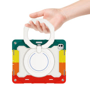 For iPad Pro 13 2024 Armor Portable Rotating Ring Holder Silicone Tablet Case with Pen Slot(Colorful Red)