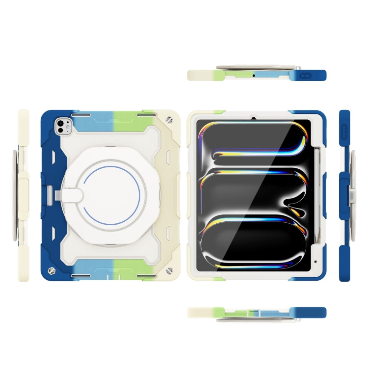 For iPad Pro 13 2024 Armor Portable Rotating Ring Holder Silicone Tablet Case with Pen Slot(Colorful Blue)