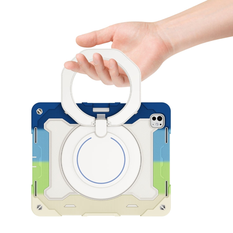 For iPad Pro 13 2024 Armor Portable Rotating Ring Holder Silicone Tablet Case with Pen Slot(Colorful Blue)