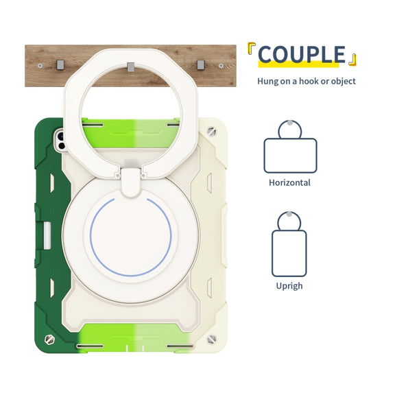 For iPad Pro 13 2024 Armor Portable Rotating Ring Holder Silicone Tablet Case with Pen Slot(Colorful Green)