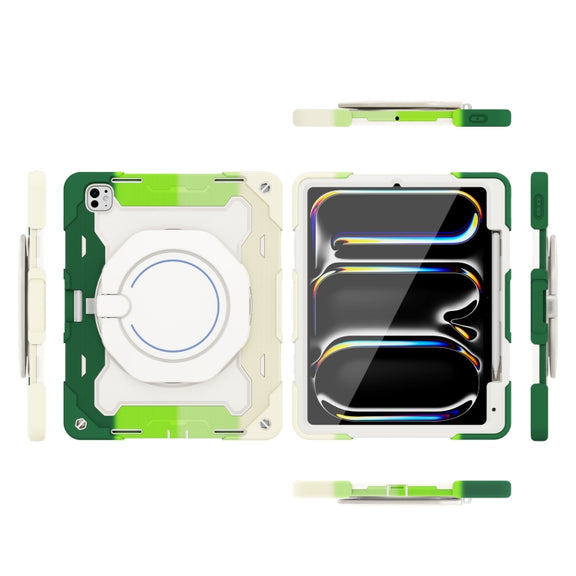 For iPad Pro 13 2024 Armor Portable Rotating Ring Holder Silicone Tablet Case with Pen Slot(Colorful Green)
