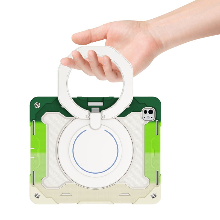 For iPad Pro 13 2024 Armor Portable Rotating Ring Holder Silicone Tablet Case with Pen Slot(Colorful Green)