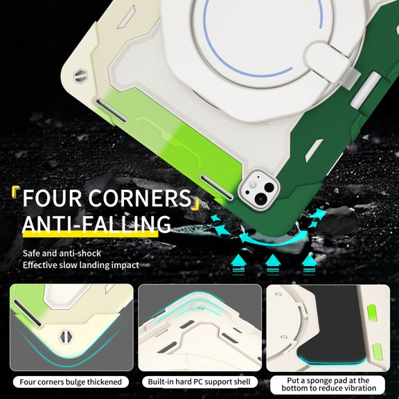 For iPad Pro 13 2024 Armor Portable Rotating Ring Holder Silicone Tablet Case with Pen Slot(Colorful Green)