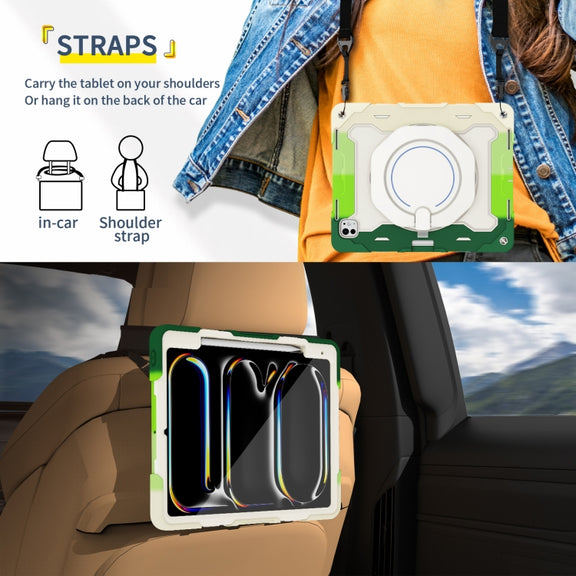 For iPad Pro 13 2024 Armor Portable Rotating Ring Holder Silicone Tablet Case with Pen Slot(Colorful Green)