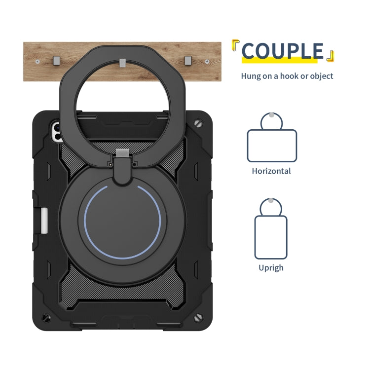 For iPad Pro 13 2024 Armor Portable Rotating Ring Holder Silicone Tablet Case with Pen Slot(Black)