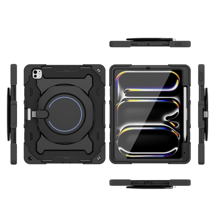 For iPad Pro 13 2024 Armor Portable Rotating Ring Holder Silicone Tablet Case with Pen Slot(Black)