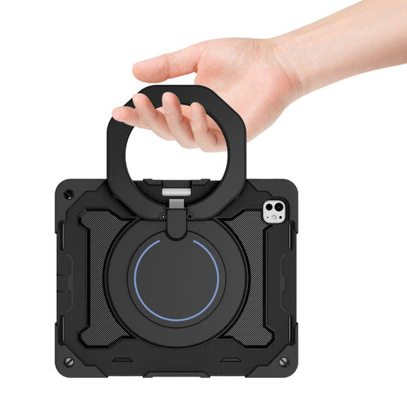 For iPad Pro 13 2024 Armor Portable Rotating Ring Holder Silicone Tablet Case with Pen Slot(Black)