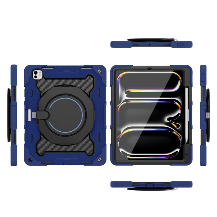 For iPad Pro 13 2024 Armor Portable Rotating Ring Holder Silicone Tablet Case with Pen Slot(Navy Blue)
