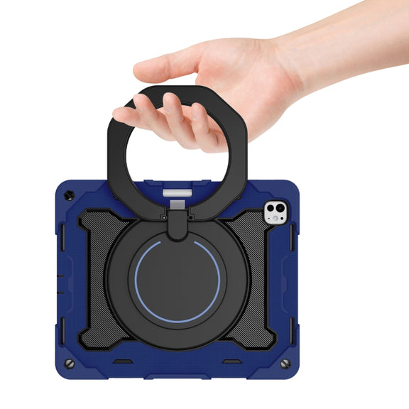 For iPad Pro 13 2024 Armor Portable Rotating Ring Holder Silicone Tablet Case with Pen Slot(Navy Blue)