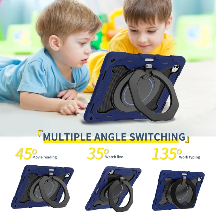 For iPad Pro 13 2024 Armor Portable Rotating Ring Holder Silicone Tablet Case with Pen Slot(Navy Blue)