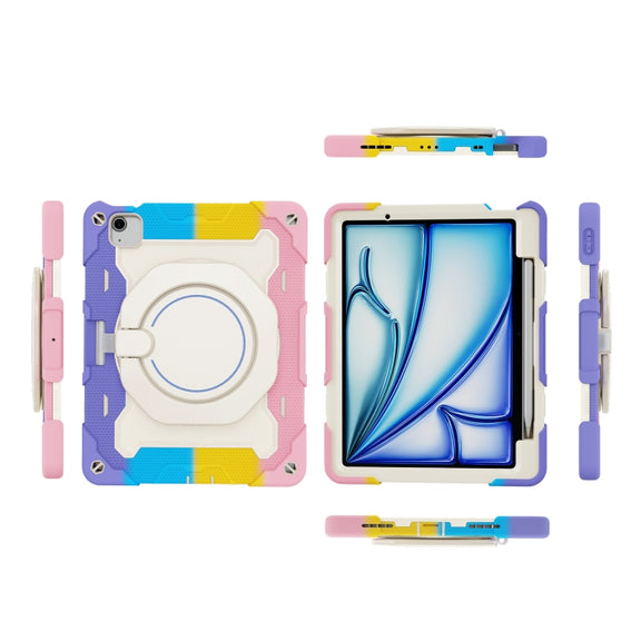 For iPad Air 11 2024 Armor Portable Rotating Ring Holder Silicone Tablet Case with Pen Slot(Colorful Pink)