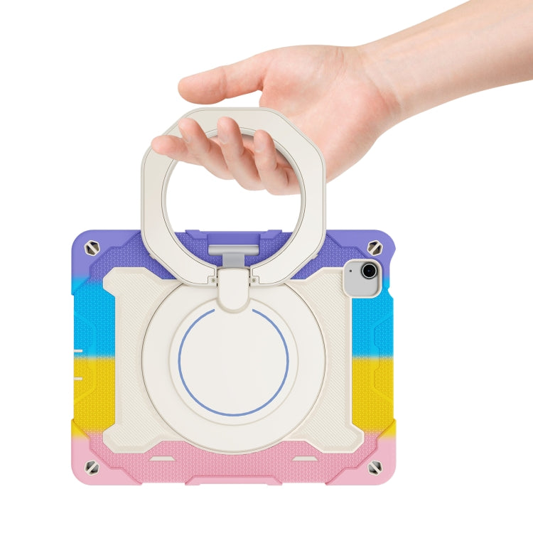 For iPad Air 11 2024 Armor Portable Rotating Ring Holder Silicone Tablet Case with Pen Slot(Colorful Pink)