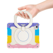 For iPad Air 11 2024 Armor Portable Rotating Ring Holder Silicone Tablet Case with Pen Slot(Colorful Pink)