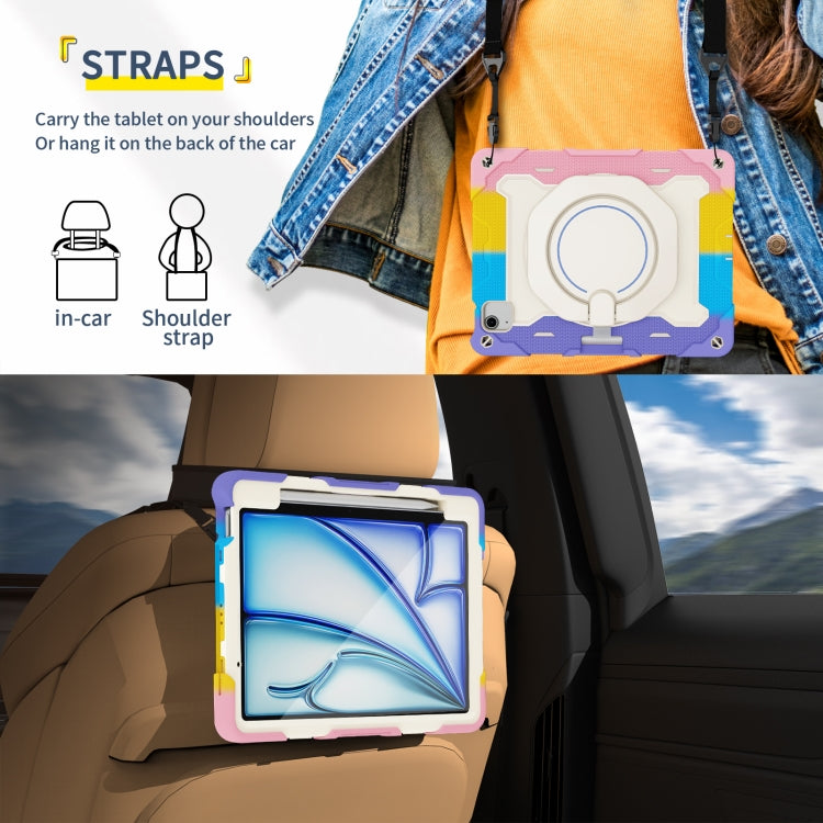 For iPad Air 11 2024 Armor Portable Rotating Ring Holder Silicone Tablet Case with Pen Slot(Colorful Pink)