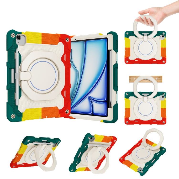 For iPad Air 11 2024 / 2025 Armor Portable Rotating Ring Holder Silicone Tablet Case with Pen Slot(Colorful Red)