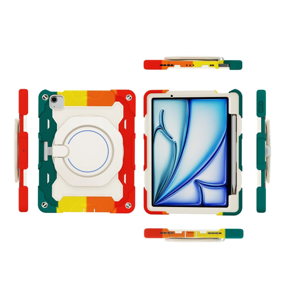 For iPad Air 11 2024 / 2025 Armor Portable Rotating Ring Holder Silicone Tablet Case with Pen Slot(Colorful Red)