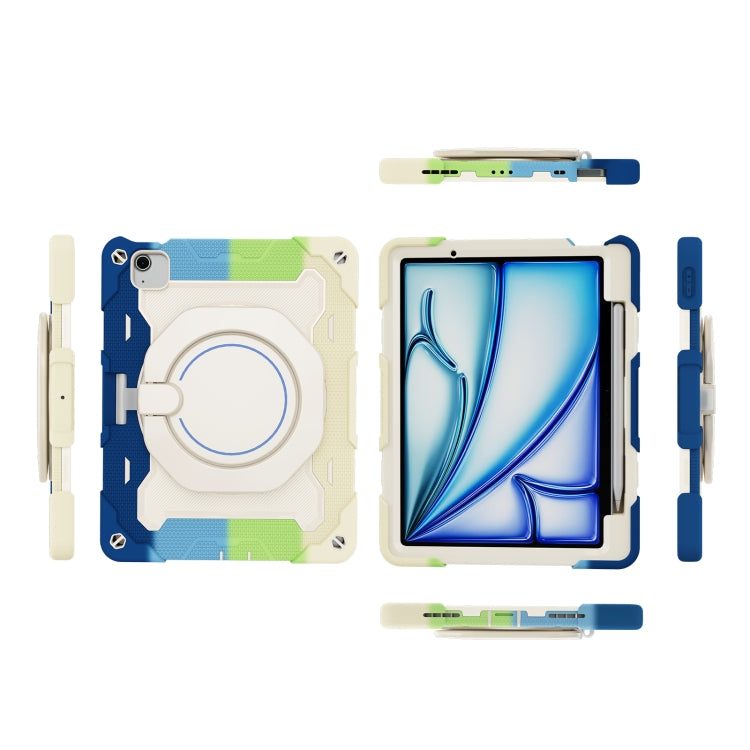For iPad Air 11 2024 Armor Portable Rotating Ring Holder Silicone Tablet Case with Pen Slot(Colorful Blue)