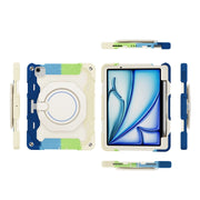 For iPad Air 11 2024 Armor Portable Rotating Ring Holder Silicone Tablet Case with Pen Slot(Colorful Blue)