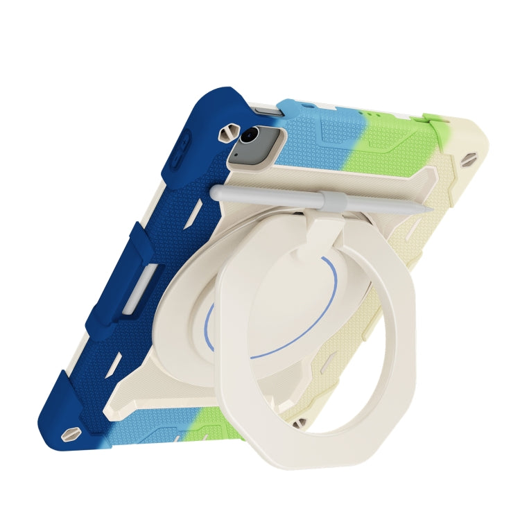 For iPad Air 11 2024 Armor Portable Rotating Ring Holder Silicone Tablet Case with Pen Slot(Colorful Blue)