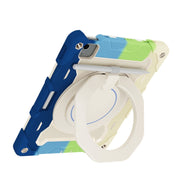 For iPad Air 11 2024 Armor Portable Rotating Ring Holder Silicone Tablet Case with Pen Slot(Colorful Blue)